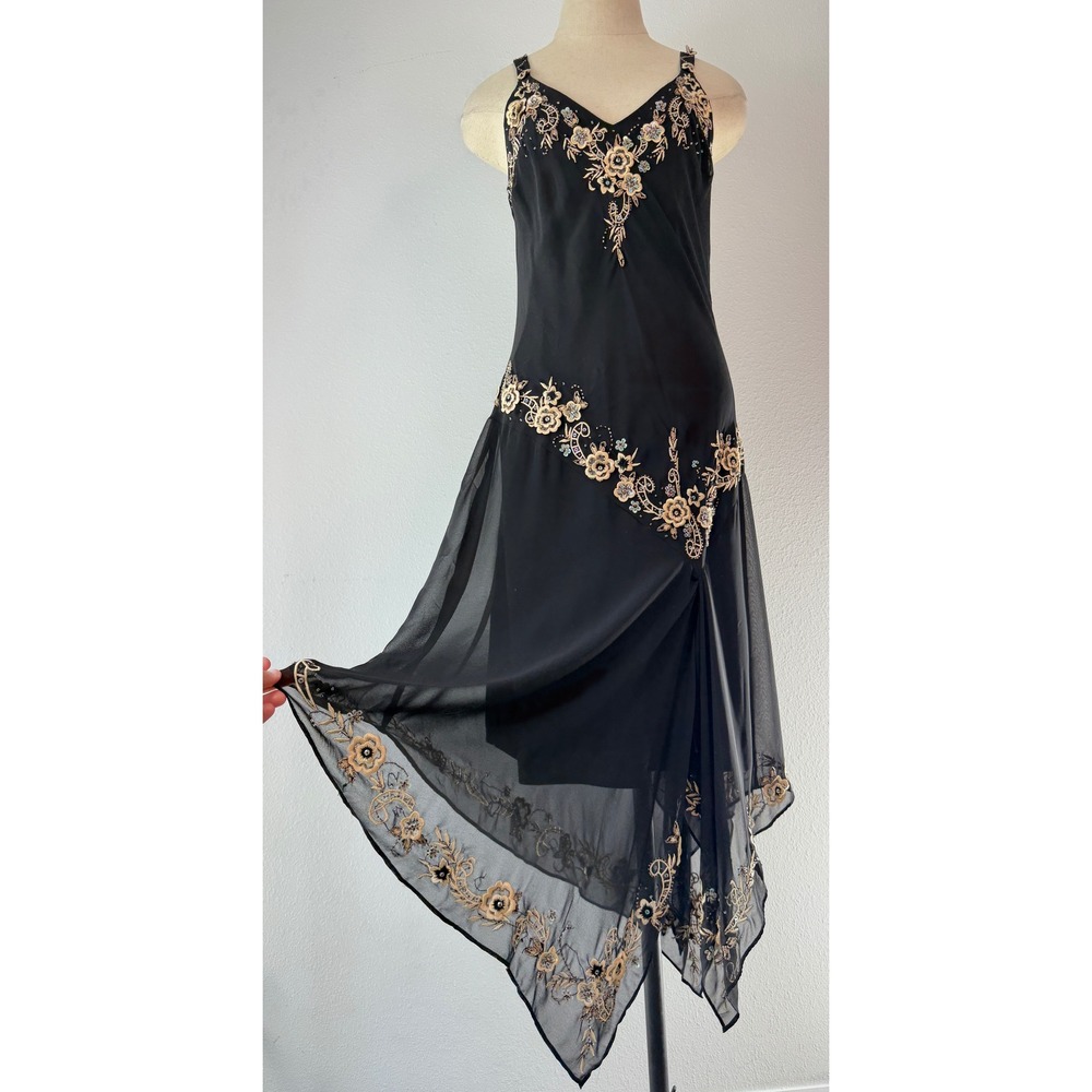 VTG Y2K R&M Richards Midi Dress Asymmetric Floral Beaded Black Whimsigoth Fairy